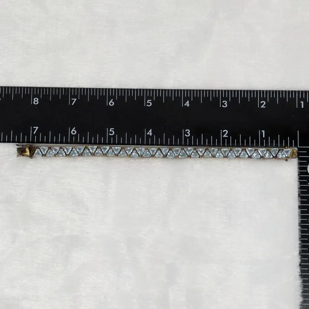 Lab Blue Topaz Trillion Cut Tennis Bracelet 7" S925 10K Gold Vermeil RF Signed - Picture 3 of 7